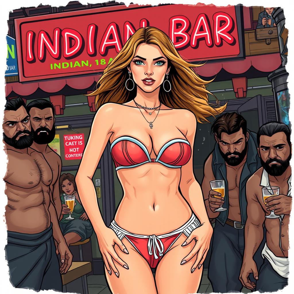 A stunning Arab princess wearing a strapless bikini that emphasizes her big cleavage, standing confidently outside a vibrant Indian bar with colorful signage