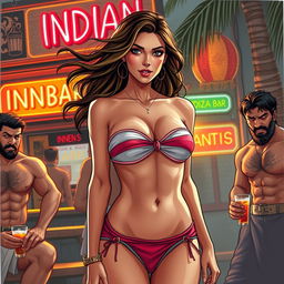 A stunning Arab princess wearing a strapless bikini that emphasizes her big cleavage, standing confidently outside a vibrant Indian bar with colorful signage