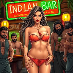 A stunning Arab princess wearing a strapless bikini that emphasizes her big cleavage, standing confidently outside a vibrant Indian bar with colorful signage