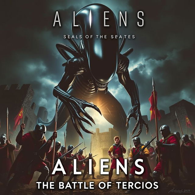 A dramatic movie poster showcasing an intense battle between a terrifying Xenomorph from the film 'Aliens' and a group of Spanish Tercios soldiers in full armor