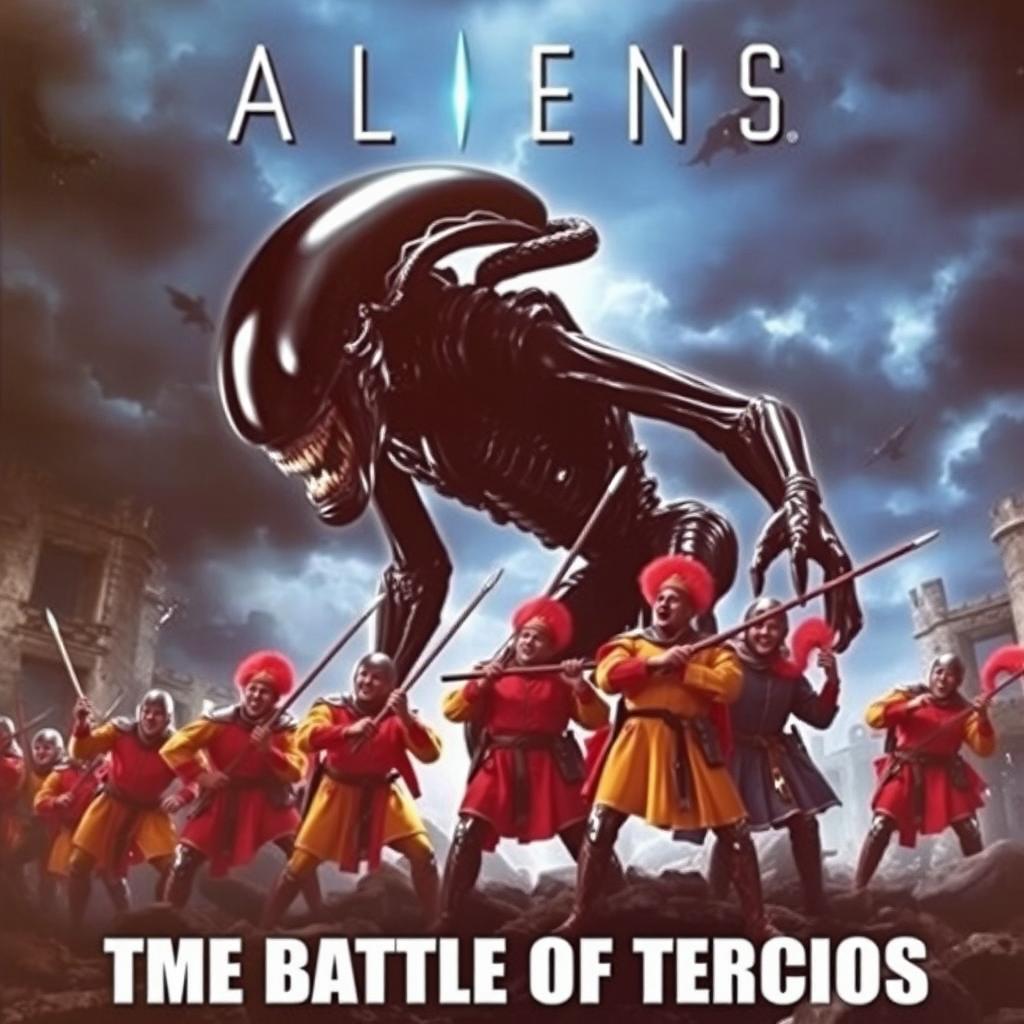 A dramatic movie poster showcasing an intense battle between a terrifying Xenomorph from the film 'Aliens' and a group of Spanish Tercios soldiers in full armor