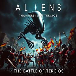 A dramatic movie poster showcasing an intense battle between a terrifying Xenomorph from the film 'Aliens' and a group of Spanish Tercios soldiers in full armor