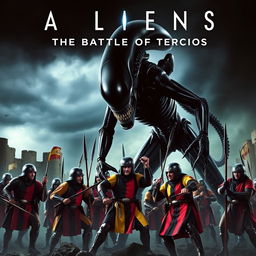 A dramatic movie poster showcasing an intense battle between a terrifying Xenomorph from the film 'Aliens' and a group of Spanish Tercios soldiers in full armor