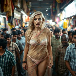 A terrified blonde female, her expression showing fear and anxiety, wearing a transparent saree that reveals a bikini underneath, accentuating her sexy legs