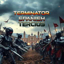 A dynamic and dramatic movie poster depicting an epic clash between futuristic Terminators and the historically renowned Spanish Tercios