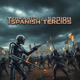 A dynamic and dramatic movie poster depicting an epic clash between futuristic Terminators and the historically renowned Spanish Tercios