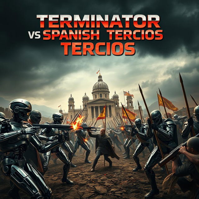 A dynamic and dramatic movie poster depicting an epic clash between futuristic Terminators and the historically renowned Spanish Tercios