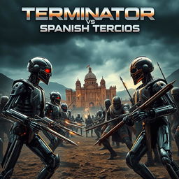 A dynamic and dramatic movie poster depicting an epic clash between futuristic Terminators and the historically renowned Spanish Tercios