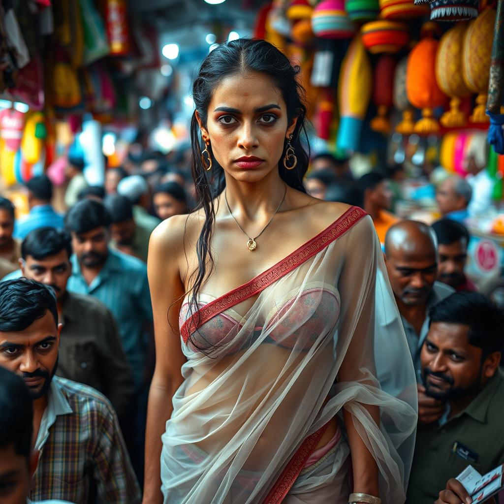 A sad Arab female, her expression conveying a sense of distress, wearing a transparent saree that reveals a strapless bikini, enhancing her big cleavage and sexy legs