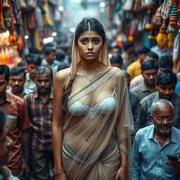 A sad Arab female, her expression conveying a sense of distress, wearing a transparent saree that reveals a strapless bikini, enhancing her big cleavage and sexy legs