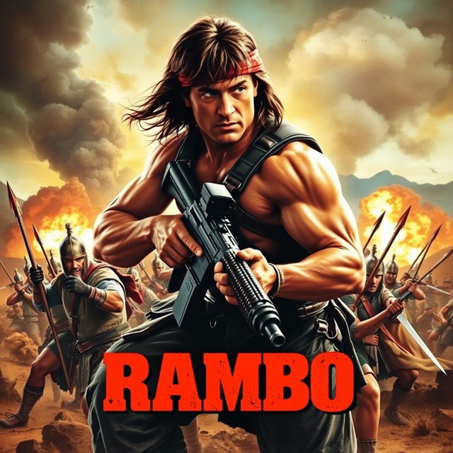 An epic film poster depicting Rambo engaged in a fierce battle against a group of Spanish Tercios soldiers