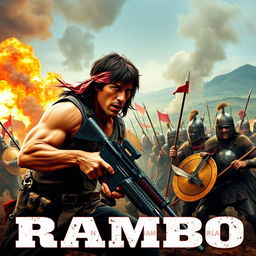 An epic film poster depicting Rambo engaged in a fierce battle against a group of Spanish Tercios soldiers