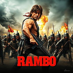 An epic film poster depicting Rambo engaged in a fierce battle against a group of Spanish Tercios soldiers