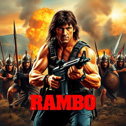 An epic film poster depicting Rambo engaged in a fierce battle against a group of Spanish Tercios soldiers