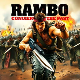 An intense movie poster illustrating a fierce battle scene with Rambo wielding weapons against a line of Spanish Tercios soldiers, who are depicted in full 16th-century armor and uniforms