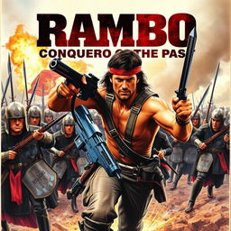 An intense movie poster illustrating a fierce battle scene with Rambo wielding weapons against a line of Spanish Tercios soldiers, who are depicted in full 16th-century armor and uniforms