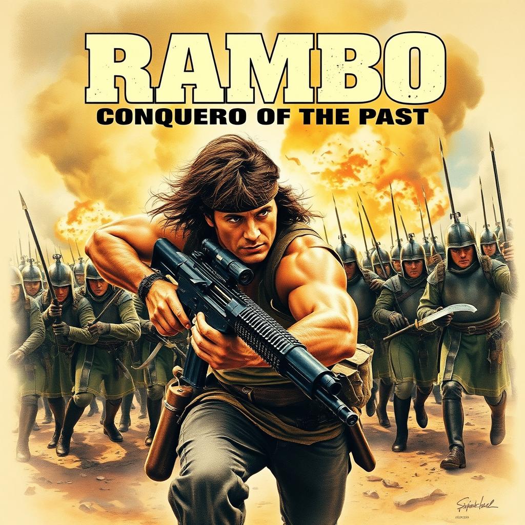 An intense movie poster illustrating a fierce battle scene with Rambo wielding weapons against a line of Spanish Tercios soldiers, who are depicted in full 16th-century armor and uniforms