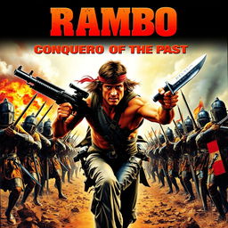 An intense movie poster illustrating a fierce battle scene with Rambo wielding weapons against a line of Spanish Tercios soldiers, who are depicted in full 16th-century armor and uniforms