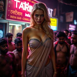 A sad blonde woman, her face reflecting a deep sense of despair, dressed in a transparent saree that showcases her strapless bikini, emphasizing her big cleavage and sexy legs