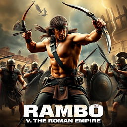 An epic movie poster featuring Rambo, a muscular and rugged hero, engaged in a fierce battle against Roman soldiers