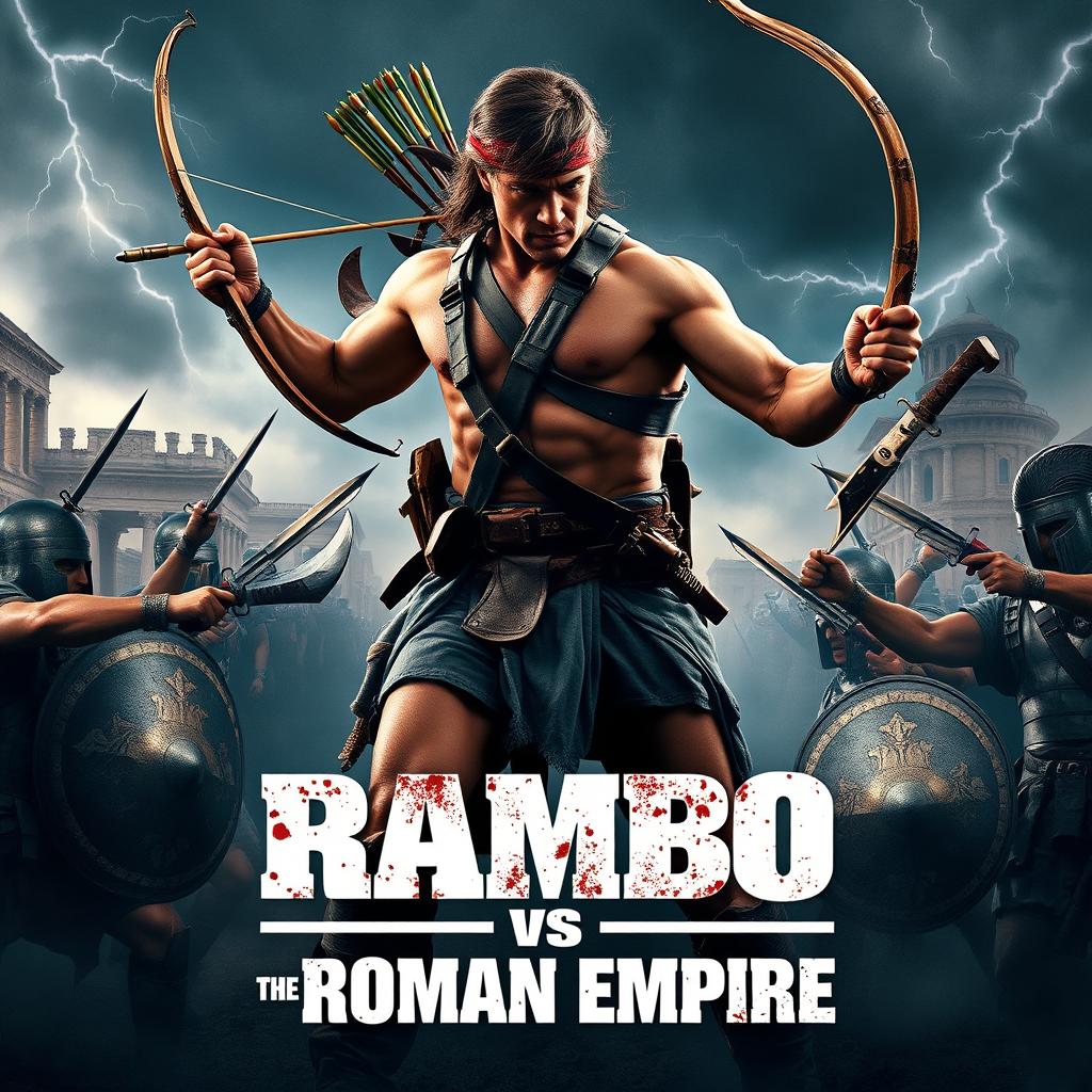 An epic movie poster featuring Rambo, a muscular and rugged hero, engaged in a fierce battle against Roman soldiers