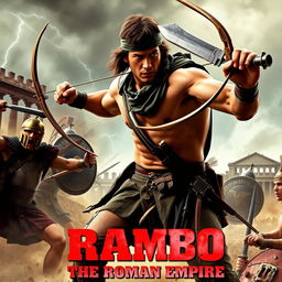 An epic movie poster featuring Rambo, a muscular and rugged hero, engaged in a fierce battle against Roman soldiers