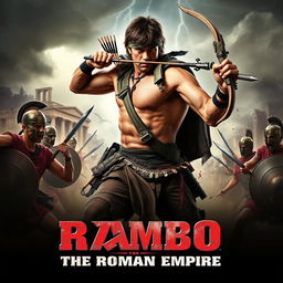 An epic movie poster featuring Rambo, a muscular and rugged hero, engaged in a fierce battle against Roman soldiers