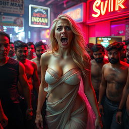 A terrified blonde woman, her face expressing sheer panic, wearing a sheer transparent saree with no underneath garments, emphasizing her big cleavage and sexy legs