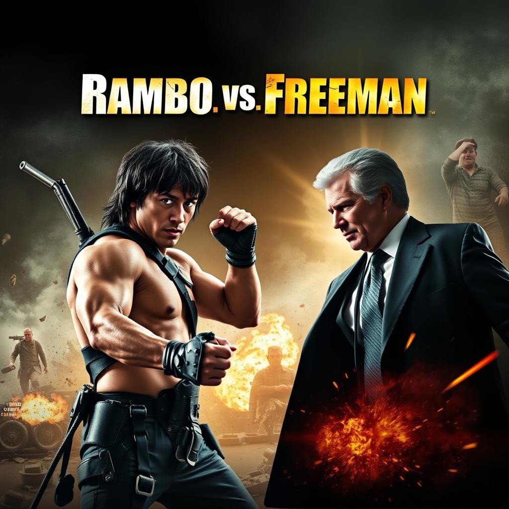 A dramatic movie poster featuring Rambo in an intense fighting stance, showcasing his iconic muscular physique and combat gear