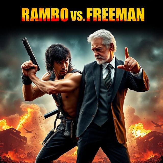 A dramatic movie poster featuring Rambo in an intense fighting stance, showcasing his iconic muscular physique and combat gear