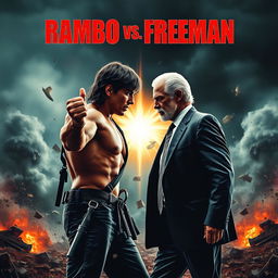 A dramatic movie poster featuring Rambo in an intense fighting stance, showcasing his iconic muscular physique and combat gear