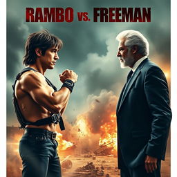 A dramatic movie poster featuring Rambo in an intense fighting stance, showcasing his iconic muscular physique and combat gear