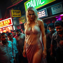 A terrified blonde woman, her expression displaying intense fear, wearing a sheer transparent saree that reveals her naked form underneath, accentuating her big cleavage and sexy legs