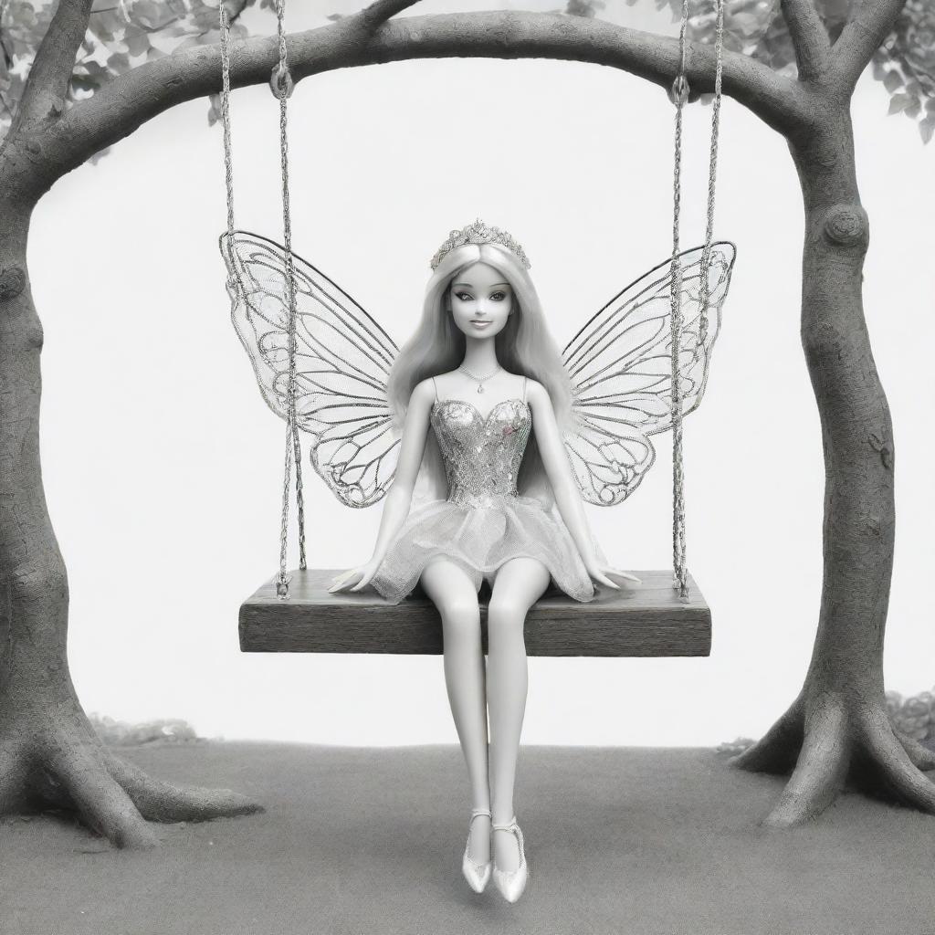 Two-dimensional, black and white drawing of a Barbie fairy sitting on a swing, designed for a colouring page.