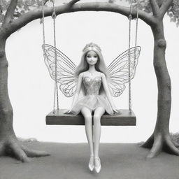 Two-dimensional, black and white drawing of a Barbie fairy sitting on a swing, designed for a colouring page.