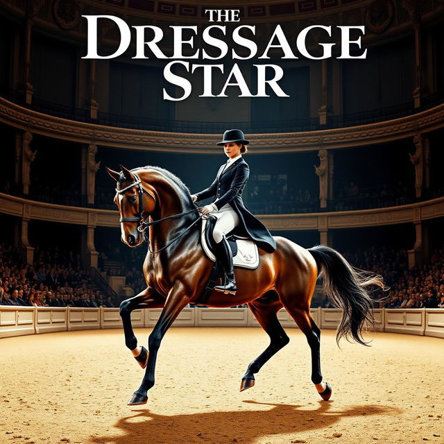 A dramatic and visually striking movie poster featuring an elegant dressage horse and its rider performing in a grand arena