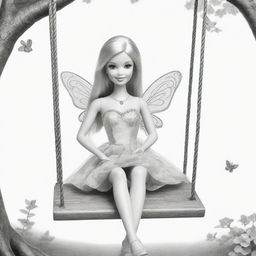 Two-dimensional, black and white drawing of a Barbie fairy sitting on a swing, designed for a colouring page.