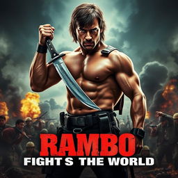 A dramatic movie poster for a film titled 'Rambo Fights Against the World'