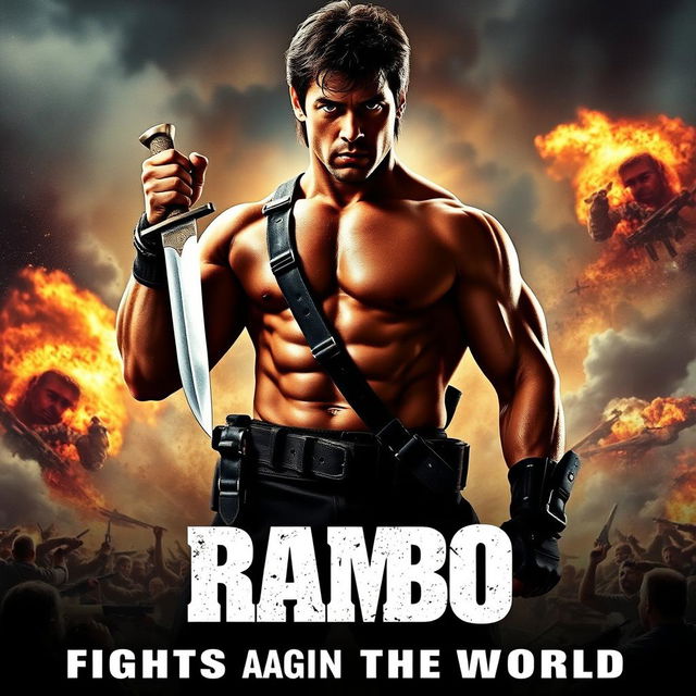 A dramatic movie poster for a film titled 'Rambo Fights Against the World'