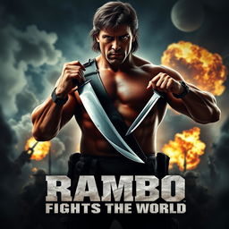 A dramatic movie poster for a film titled 'Rambo Fights Against the World'