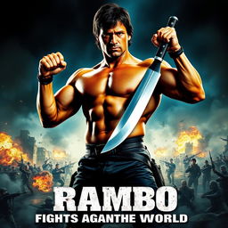 A dramatic movie poster for a film titled 'Rambo Fights Against the World'