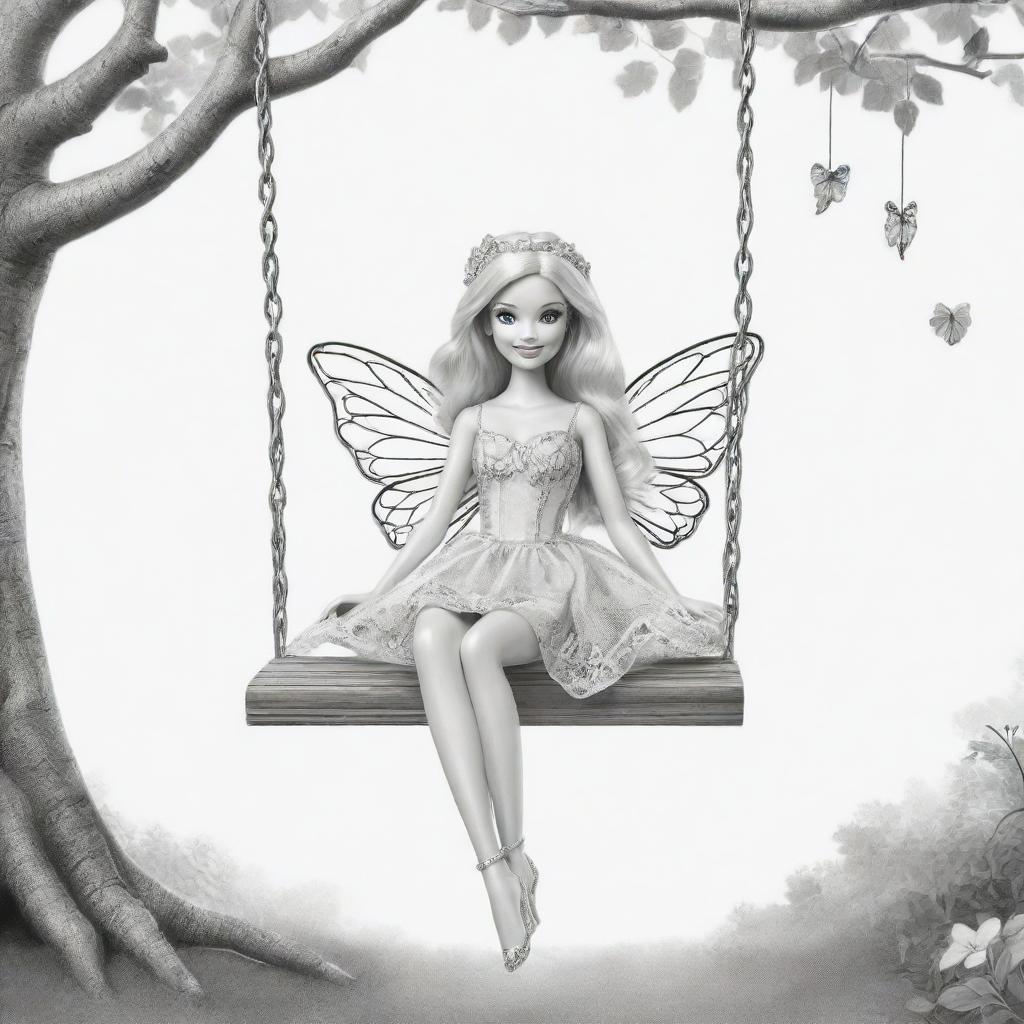 Two-dimensional, black and white drawing of a Barbie fairy sitting on a swing, designed for a colouring page.