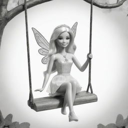 Two-dimensional, black and white cartoon-style Barbie fairy sitting on a swing, designed for a colouring page.