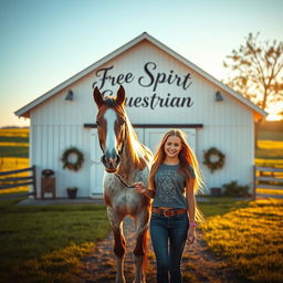 A movie poster featuring a girl standing confidently next to a beautiful Appaloosa horse in front of a charming white barn, which has the words "Free Spirit Equestrian" elegantly displayed on it