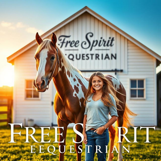 A movie poster featuring a girl standing confidently next to a beautiful Appaloosa horse in front of a charming white barn, which has the words "Free Spirit Equestrian" elegantly displayed on it