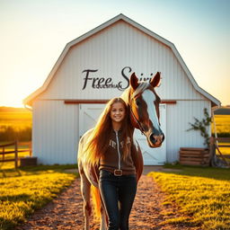 A movie poster featuring a girl standing confidently next to a beautiful Appaloosa horse in front of a charming white barn, which has the words "Free Spirit Equestrian" elegantly displayed on it