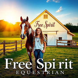 A movie poster featuring a girl standing confidently next to a beautiful Appaloosa horse in front of a charming white barn, which has the words "Free Spirit Equestrian" elegantly displayed on it