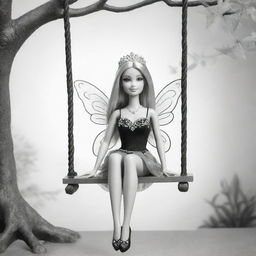 Two-dimensional, black and white cartoon-style Barbie fairy sitting on a swing, designed for a colouring page.