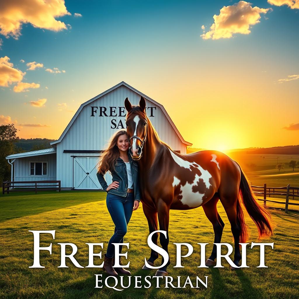 A captivating movie poster featuring a girl standing proudly next to a stunning Appaloosa horse in front of a picturesque white barn