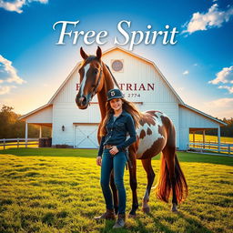 A captivating movie poster featuring a girl standing proudly next to a stunning Appaloosa horse in front of a picturesque white barn